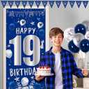 19th Birthday Decorations for Boys Men Girls, Blue Silver Happy 19th Birthday Decorations Boy with Bday Backdrop Banner Balloons Tablecloth Hanging Swirls Triangle Flag - 19 Year Old Party Supplies