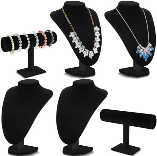 Huquary 6 Pcs Jewelry Display Set Necklace Display Stand T Bar Bracelet Holder Jewelry Bust for Home Store Trade Show(Black)