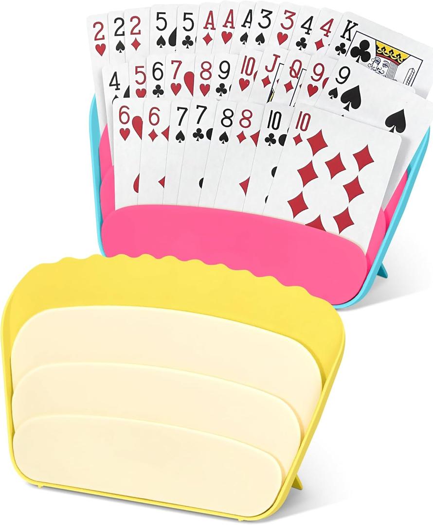 Playing Card Holder,with Foldable Desktop Stand,3 Layers Design,for Poker UNO Cards Senior/Adult/Kids Game Card Holder (1 Blue + 1 Yellow)