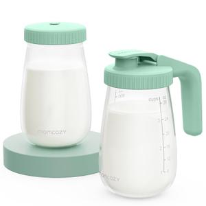 Momcozy Glass Breast Milk Pitcher, Milk Storage Container with Flat Lid & Handle Lid, Wide Mouth Leak-Resistant, Baby Formula Pitcher, Heat & Cold Resistant, 2 PCS, 32OZ Each (64OZ Total) (Green)