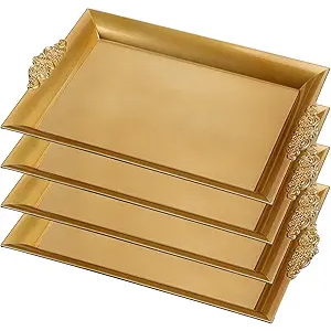 Teecyhooo 4 Pcs Gold Tray 14" x 10" Rectangle Decorative Plastic Serving Trays with Embossed Rims for Party Anniversary Wedding Bridal Shower, Baby Shower, Birthday, Cake Dessert Display