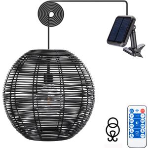 Ranttan Outdoor Chandelier, 12" Outdoor Pendant Lights Rattan Solar Hanging Lights Large Rattan Ceiling Light with Remote 4 Modes Lighting Waterproof Lighted for Garden Porch Patio Kitchen, Black