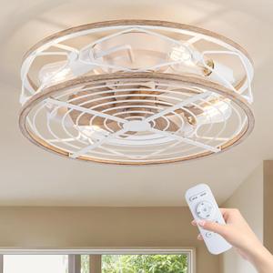 TIFEROR Flush Mount Ceiling Fan with Light, 20" Farmhouse Low Profile Ceiling Fan with Remote, Reversible Motor, Suitable for Bedroom, Kitchen, Dining Room, Hallway (White)