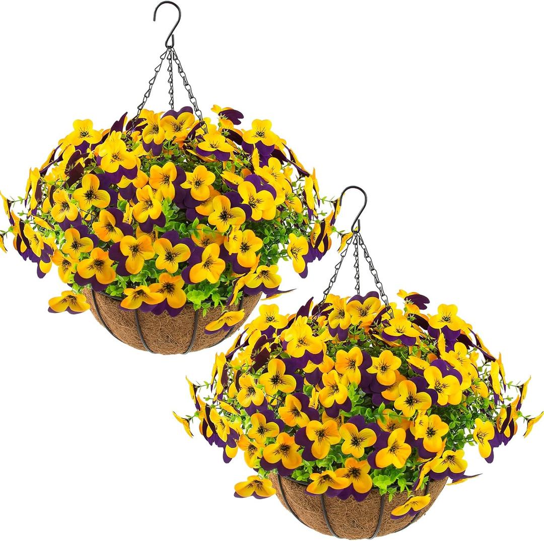 lovemoon 2 Set Artificial Outdoor Pansies Flowers with Hanging Baskets, 2 Hanging Planters with 24 Pcs Silk Pansy Flowers for Spring Easter Decorations Porch Patio Home Decor (2, Purple, Yellow)