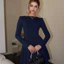 Women's Long Sleeve Mini Dress Sexy Boat Neck Pleated A-line Party Dresses (Blue, L)