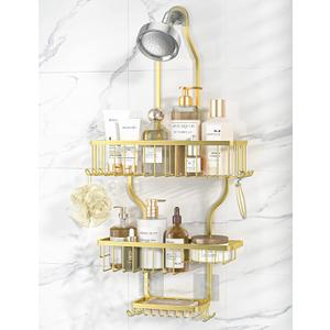 YASONIC Shower Caddy Over Shower Head Never Rust Aluminum Large Hanging Shower Caddy with 10 Hooks for Razor/Sponge - Over The Shower Head Caddy with Soap Basket - Hanging Shower Organizer Gold