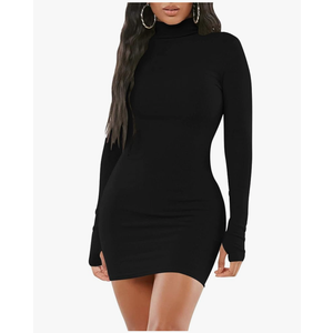 Mizoci Women's Sexy Bodycon Mini Club Dresses Basic Long Sleeve Turtleneck Dress M