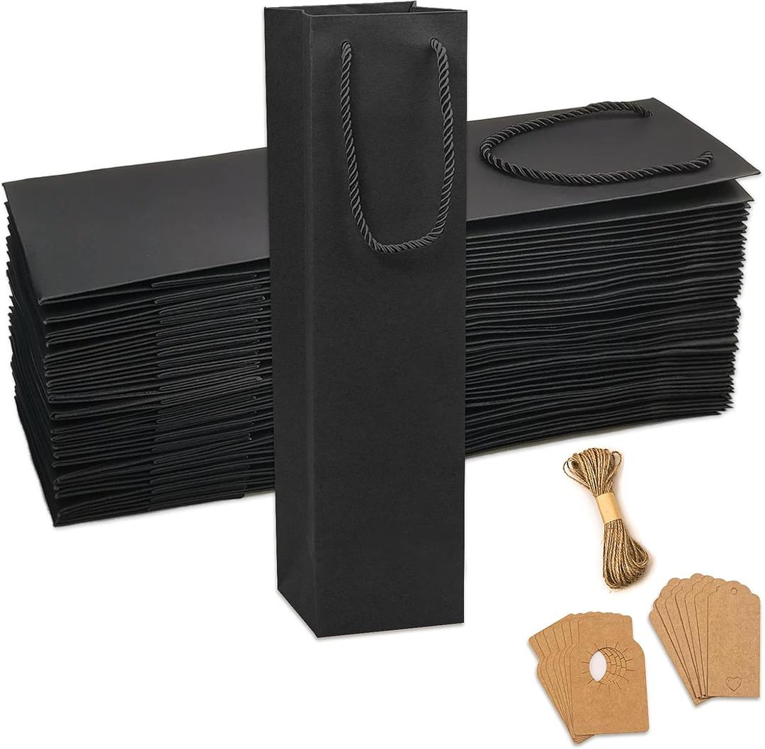 DIWNELEM 25 Pack Kraft Paper Gift Bags with Tags and Rope - Reusable Wine Bottle Packaging for Christmas, Wedding, Birthday, Housewarming Parties and Home Storage (Black)