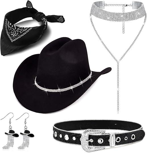 MEDOJO Cowboy Costume Outfit for Women Glitter Choker Necklace Cowboy Hat Buckle Belt Accessories Set for Halloween Cosplay Party
