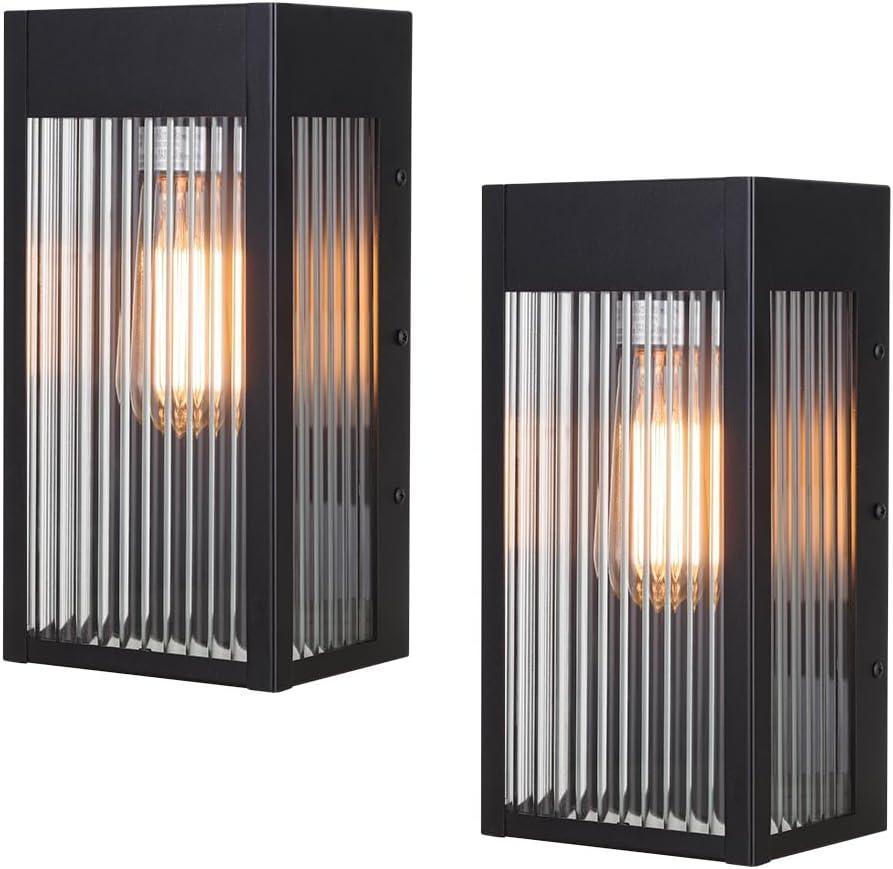Cerdeco Black Outdoor Wall Light with Striped Tempered Glass,Modern Outdoor Wall Sconce with E26 Socket,2 Pack