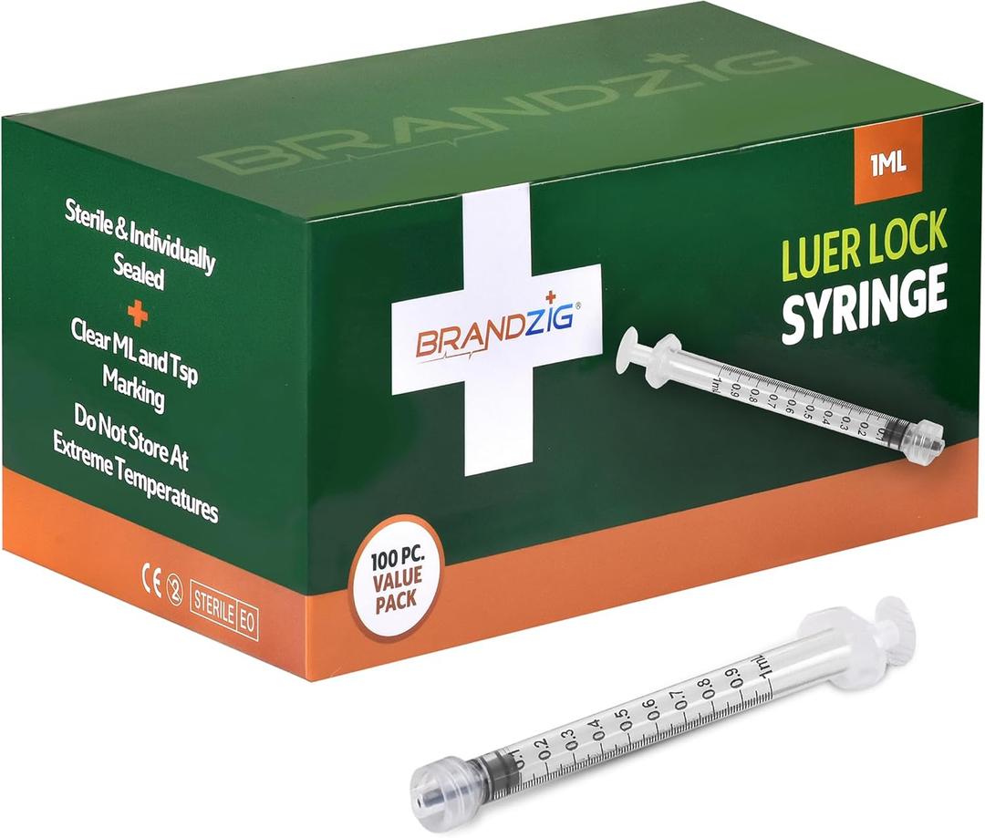 1ml luer lock syringe (No Needle) - Sterile, Individually Wrapped - 100 Pack - for Professional & Personal Use
