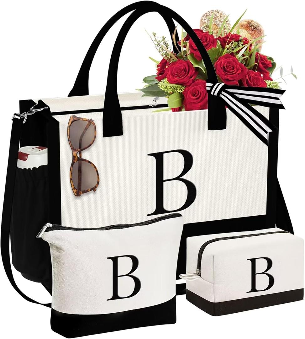 YOOLIFE Mothers Day Gifts - Initial Canvas Tote Bag & Makeup Bag, Birthday Gifts for Women Mom Sister Friends