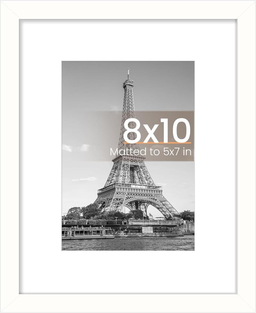 upsimples 8x10 Picture Frame, Display Pictures 5x7 with Mat or 8x10 Without Mat, Wall Hanging Photo Frame, White, 1 Pack