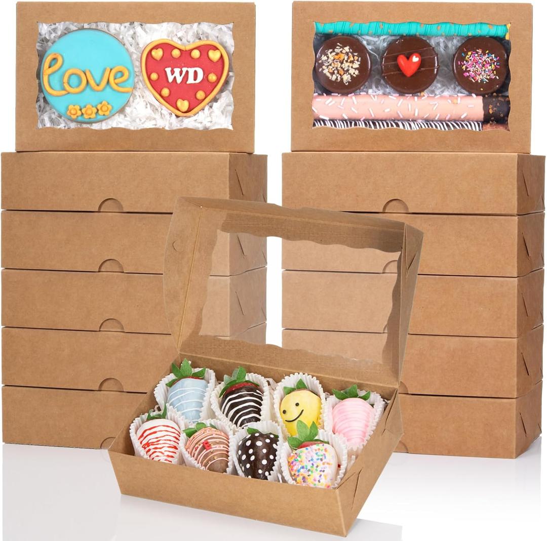 50PCS 8x5x2 Inch Bakery Boxes Cookie Boxes with Window Treat Boxes Dessert Boxes for Cookie,Donut,Muffins,Chocolate,Cupcake,Macaron,and Candy Gift Giving (Brown)