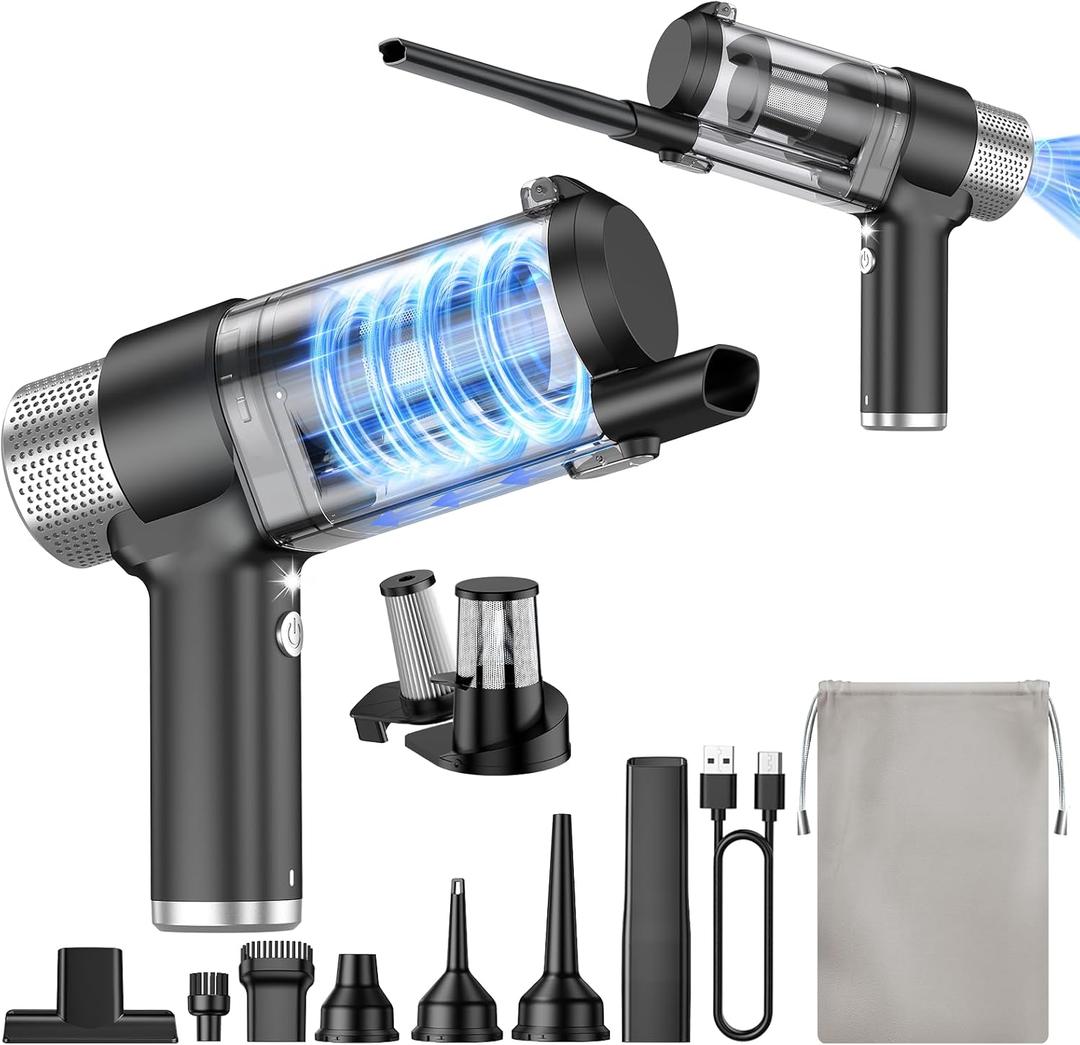 JONYJ Handheld Car Vacuum Cleaner Cordless, 16000PA Hand Held Vacuum Portable, 2 in 1 Air Duster and Mini Vacuum Cleaner Rechargeable with Led, Multi-Nozzles & Washable Filters for Home Office Car Pet (Black & Silver)