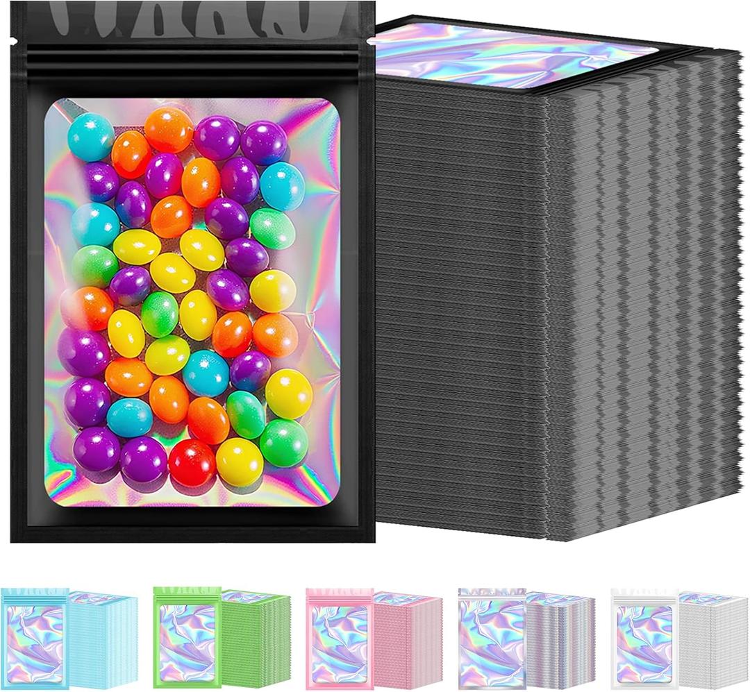 300 Pcs Holographic Mylar Bags Bulk, Smell Proof Resealable Bags with Clear Window, Foil Pouch for Small Business and Food Storage (Black, 4.7x7.9 Inch)