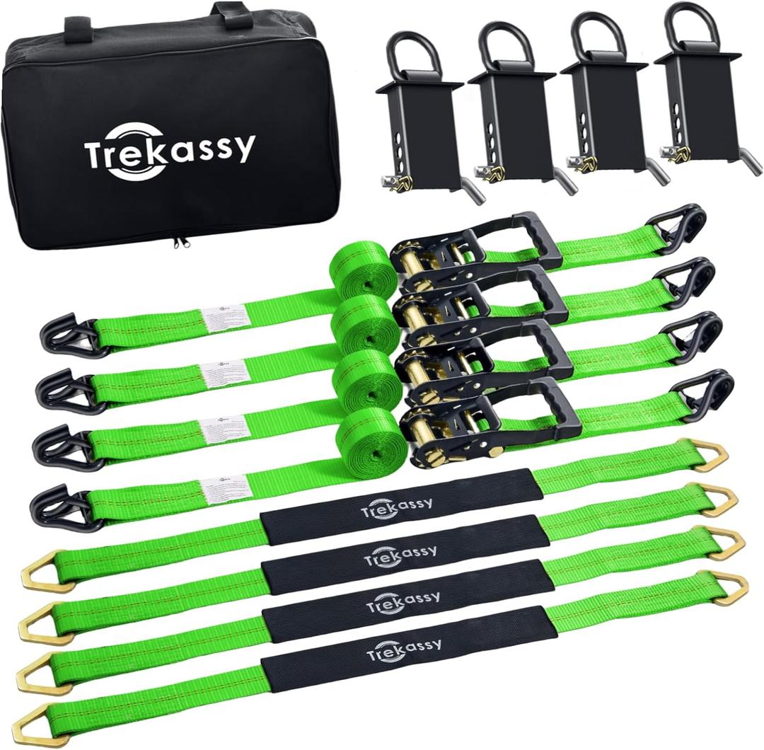 Trekassy Car Tie Down Straps for Trailers with Stake Pocket D Ring, Trailer Ratchet Straps for Car Truck, UTV & More, 10,000lbs Break Strength (Green)