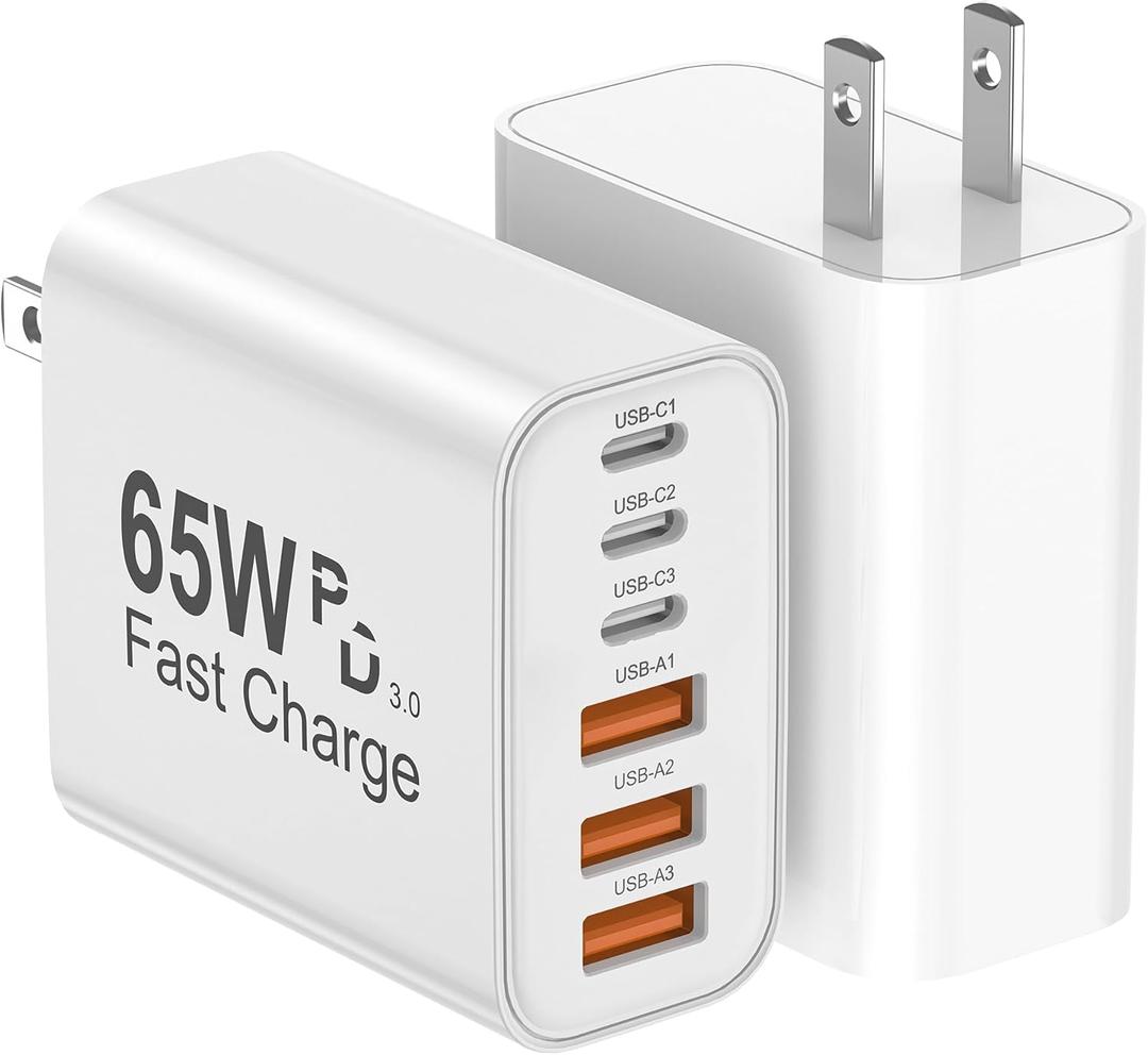 USB C Charger Block, 2-Pack 65W 6-Port USB C Wall Charger iPhone Charger Fast Charging PD Power Adapter+QC Wall Plug Multiport Type C Brick Chargers for iPhone 17 16 15 14 13 12 11 Pro Max XS,Samsung (White)