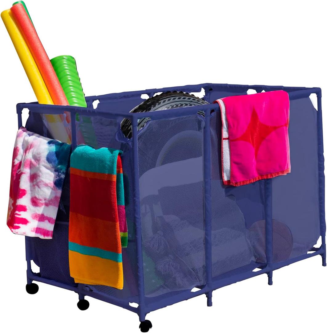 Modern Blue Pool Storage Bin - XX-Large | Nylon Mesh Basket Organizer For Your Goggles, Beach Balls, Floats, Swim Toys & Accessories | Air Dry Quickly & Easily Roll To Your Home Garage or Shed, Blue