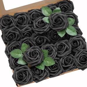 Ling's moment Artificial Flowers 50Pcs Black Roses Decor w/Stems,3" Real Touch DIY Foam Floral for Wedding Bouquet/Centerpieces, Outdoors Party Backdrop, Room/Table, and Garden/Pot Decorations