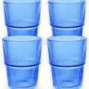 Ribbed Drinking Glasses Set of 4 - Stackable Glass Cups for Kitchen - Iced Coffee, Water, Juice & Mocktails - Aesthetic Water Tumblers Elegant Hostess Gifts Home Essentials (14 fl oz)