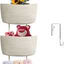 TeoKJ Over the Door Hanging Baskets, 3-Tier Woven Cotton Storage Organizer Bag with Hooks Wall-Mounted Decorative Nursery Kitchen Baskets - White