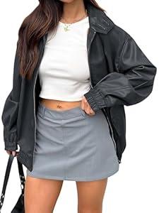 Caracilia Women's Oversized Leather Jacket Faux Suede Motorcycle Coat 2025 Fall Fashion Outfits Winter Clothes Dark Green L