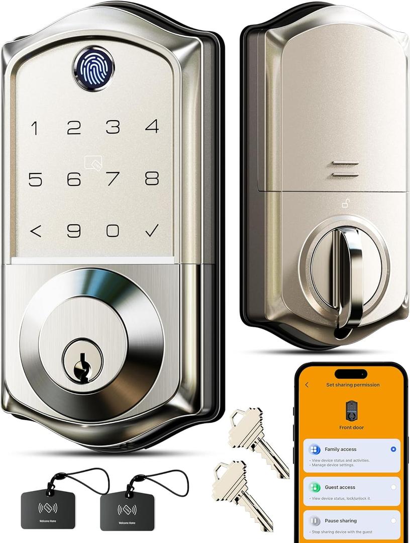 Veise VE017 Fingerprint Smart Door Lock, App Control, 8-in-1 Keyless Entry, Auto Lock, Emergency Power Port, Electronic Touchscreen Keypad, Biometric Smart Locks for Front Door, Satin Nickel