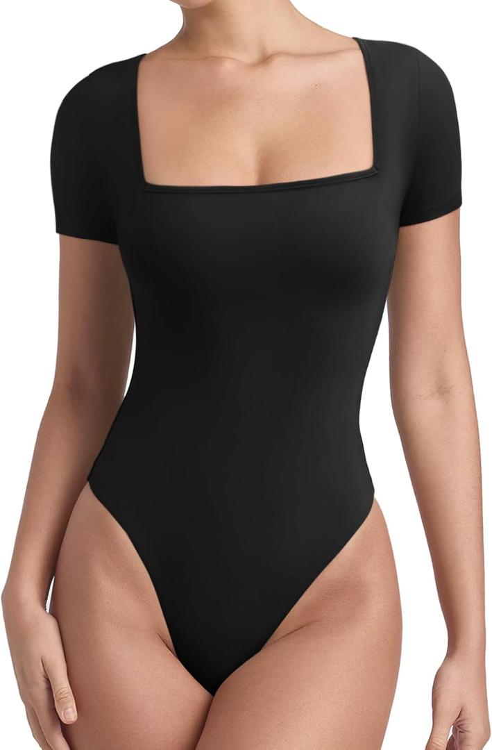 REORIA Womens Square Neck Bodysuits 2025 Short Sleeve Double Lined Basic Going Out Body Suits Tops (Small, Black)