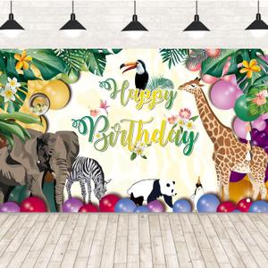 Happy Birthday Banner for Jungle Safari Theme Party Decorations, Fabric Animal Zoo Backdrop Tropical Forest Poster for Boys Girls Wall Supplies, 185*110cm (Green & Yellow)