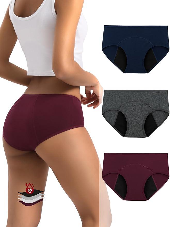 INNERSY Heavy Flow Period Underwear for Women Teens, Leak-Proof Menstrual Cotton Protective Hipster Panties 3-Pack Small