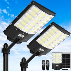 Solar Street Lights Outdoor 5000W, 500000LM Waterproof Motion Sensor Solar Powered Flood Lights with Remote Control, 8500K Dusk to Dawn Commercial Area Lighting for Outside Parking Lot, 2-Pack