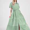 utcoco Womens Casual Short Sleeve Button Down Tie Waist Ruffled Striped Maxi Shirt Dress (Green, S)