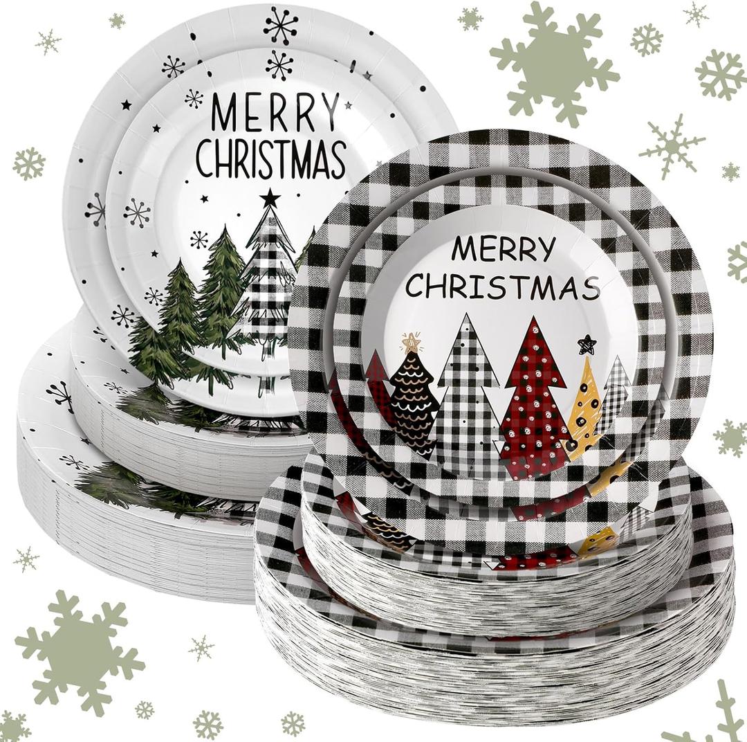 160 Pcs Christmas Paper Plates Buffalo Plaid Christmas Trees Disposable 9'' Dinner and 7'' Dessert Decoration Gifts Bulk Disposable Plates Set for Merry Xmas Party Holiday