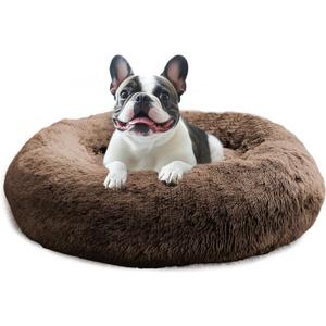 JOLLYVOGUE Calming Dog Beds Large Sized Dog, 36in Donut Washable Large Pet Bed, Anti-Slip & Anti-Anxiety Fluffy Faux Fur Round Dogs Bed, Fits up to 80 lbs Pets (Coffee)