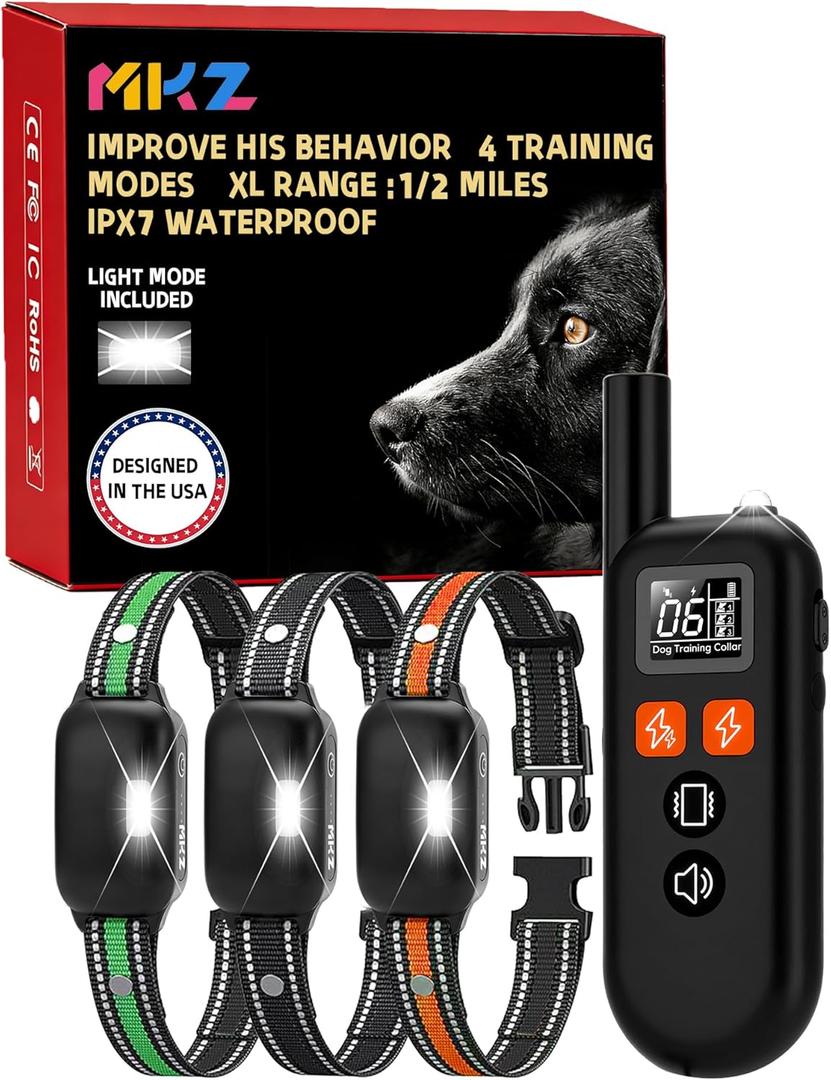 MKZ Shock Collar for Dogs 3 Dog Shock Collar with Remote Control, E-Collar for Large Medium Small Dogs (25-120Lbs) Dog Training Collar with Remote, Rechargeable E-Collar with 4 Modes & Flash Light (Black-Orange-Green)