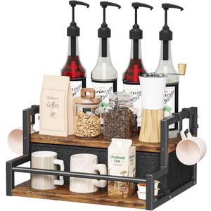 Coffee Syrup Organizer Rack, 2-Tier Coffee Bar Accessories, Bottle Holder Stand with K Cup Storage Drawer for Coffee bar, Wine Rack, Storage Shelves for Syrup. (Rustic Brown)