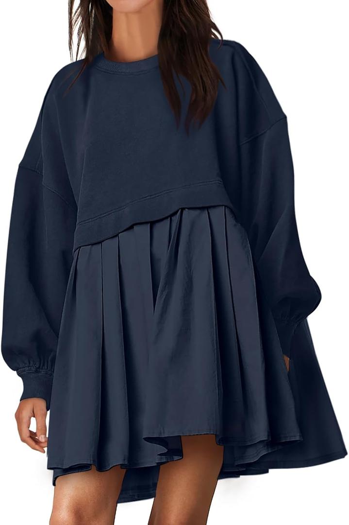 ANRABESS Women Sweatshirts Dress Oversized Long Sleeve Patchwork Casual Loose Pleated Pullover Mini Dress Fall Outfits 2025 (Small, Navy Blue)