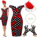 JenPen 5 Pcs Halloween Vintage Polka Dot Dress for Women 1950s Derby Tea Party Attire Retro Pencil Bodycon(Medium, Classic, Red White Black)