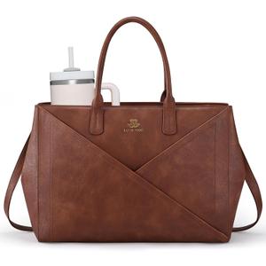 LOVEVOOK Laptop Tote Bag for Women with Large Cup Holder, 15.6 Inch PU Leather Work Bag Teacher Tote Bag, Waterproof Computer Bags Business Office Briefcase Handbag (Retro Brown)