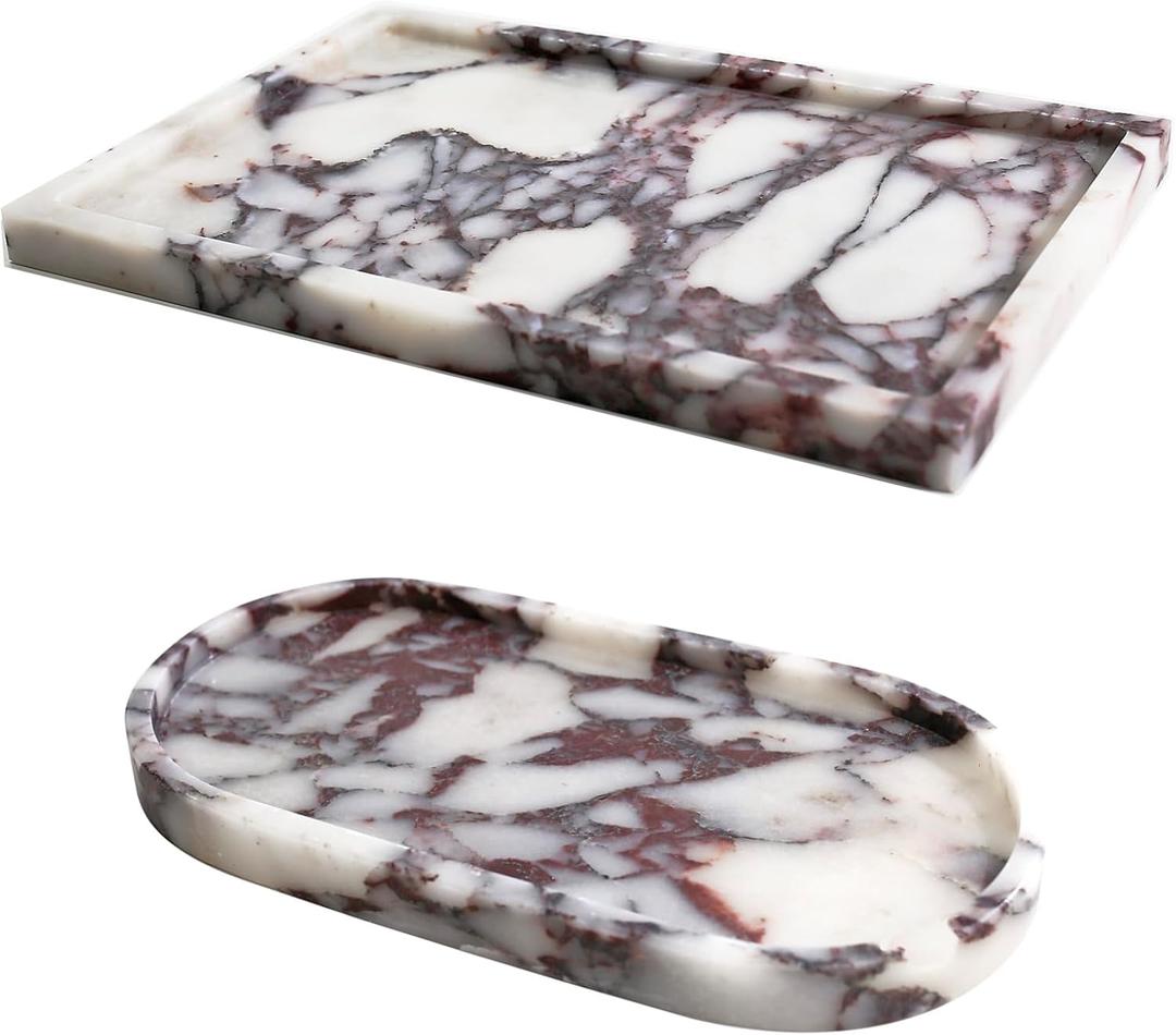 Real Luxurious Natural Marble Vanity Tray Genuine Marble Storage Tray for Home Decor Stone Tray for Bathroom/Kitchen/Vanity/Dresser Non-Resin/Non-Ceramic/Viola Oval Set (11" x 7.5" x 0.7")