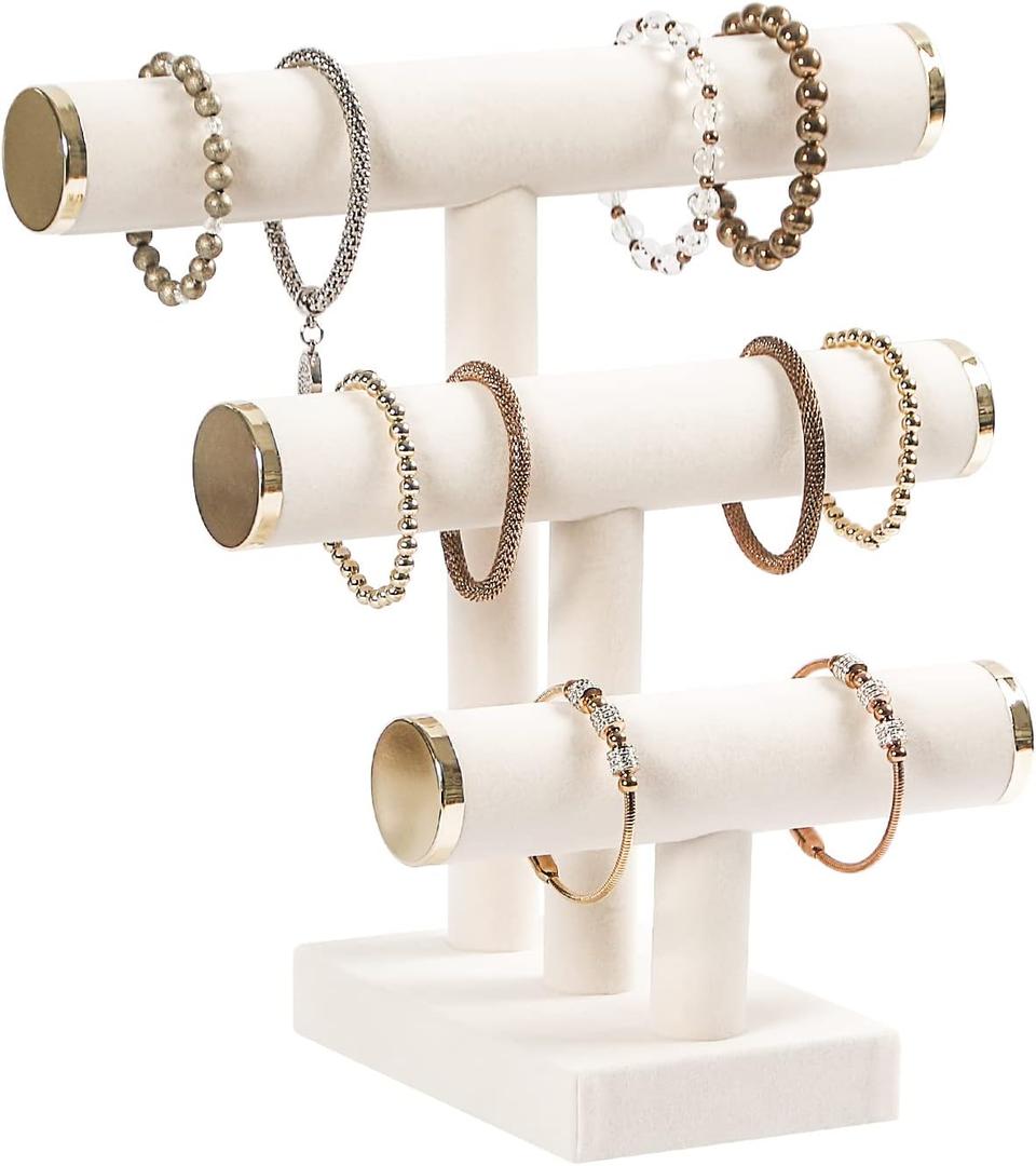 3 Tier Bracelet Holder, Bracelet Display Stand with Metal Cap, Beige White Velvet Jewelry Organizer Displays for Necklace Scrunchies Watches Hair Ties