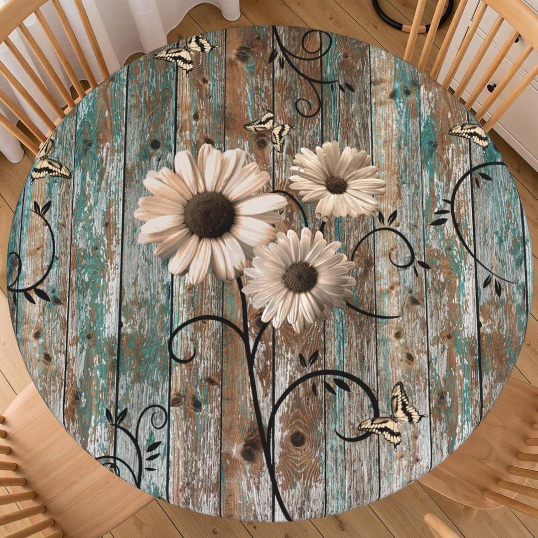 Spring Rustic Daisy Round Fitted Tablecloth with Elastic Edge Vintage Farmhouse Sunflowers Circle Table Cloth 40-44 Inch Shabby Chic Flower Barn wood Table Cover Washable for Kitchen Dining Decor
