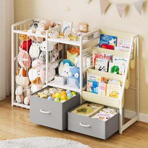 Kids Bookshelf and Toy Storage, Large 3 Tier Book Shelf for Kids Rooms, Sling Baby Bookcase with Stuffed Animal Storage, Toddler Montessori Bookshelf for Nursery, Playroom, Kindergarten (Grey)