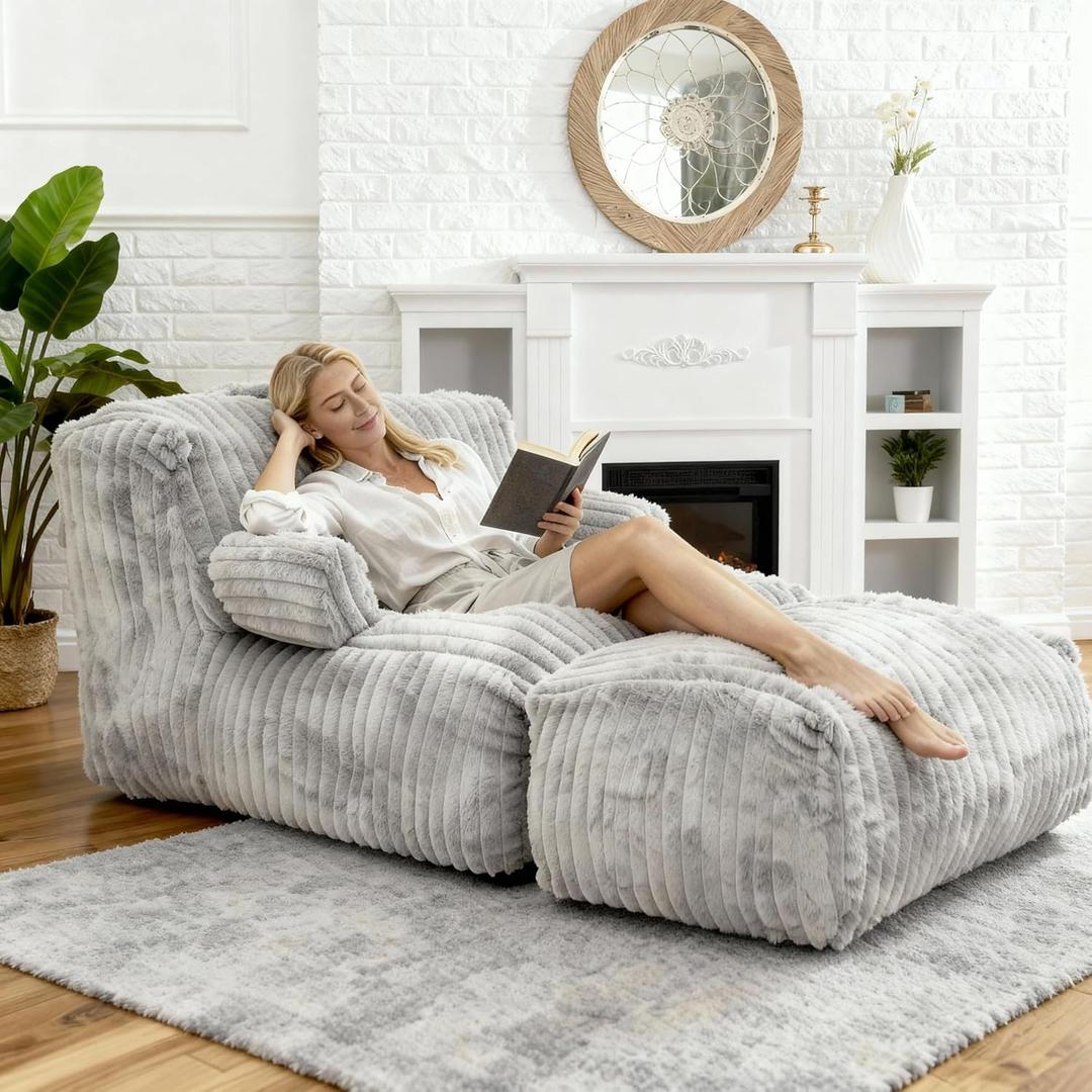 Bean Bag Chair - Large Bean Bag Loungers Chairs for Adults, Teens, and Children.Bean Bag Sofa with Memory Foam Filled and Armrests for Living Rooms, Bedroom, Dorm, or Balcony (Striped Gray)