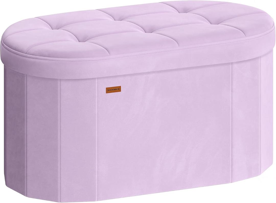 SONGMICS Folding Ottoman with Storage, Oval Bench, Velvet Fabric, 15"D x 30"W x 15"H