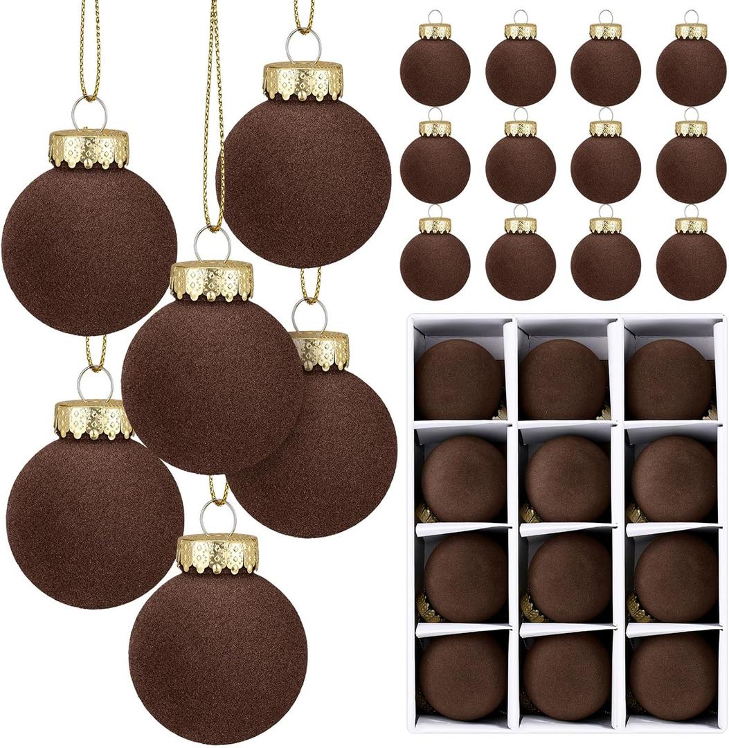 12 Pcs Velvet Christmas Balls Flocked Christmas Tree Hanging Ornaments Shatterproof Plastic Hanging Balls Decorations for Xmas Tree Party Home Holiday Decor (Brown, 3.15 inch)