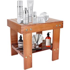 Bamboo Shower Bench Spa Stool 14 Inch Waterproof Shower Benches for Inside Shower with Storage Shelf, Small Wooden Seat Stool for Kids, Bathroom, Bedroom Kitchen Mudroom Foyer Entryway Shoe Bench