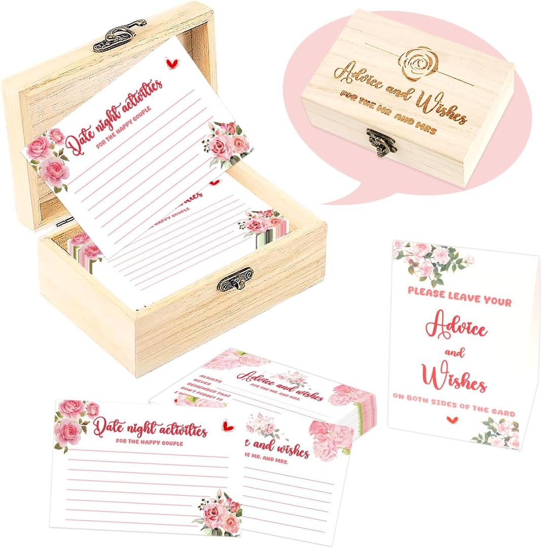 Advice and Wishes Cards Box - 50 Pcs Double Sided Floral Wedding & Baby Shower Advice Cards, Bridal Shower Decorations, Funny Advice for Bride & Groom, Well Wishes Box for Graduation, Christmas, Birthday Party