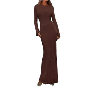 PRETTYGARDEN Women's Fall Fashion Long Sleeve Maxi Dress Ribbed Knit Boat Neck Bodycon Casual Dresses Going Out Outfits
 XS